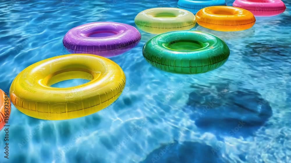 Poster A group of colorful inflatables float on the surface of a pool, perfect for summer fun or decoration