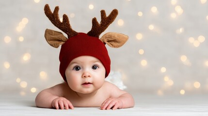 A baby wearing a red knit hat with reindeer antlers gazes curiously against a festive, blurred light background.