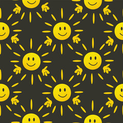 A repeating pattern of cheerful yellow suns with smiling faces and rays on a dark background. The design is playful and vibrant, suitable for various applications.