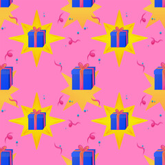 A repeating pattern of Colorful gift box with ribbon sits in the center of a bright yellow star on a pink background. Around the star are festive confetti and streamers creating a holiday atmosphere