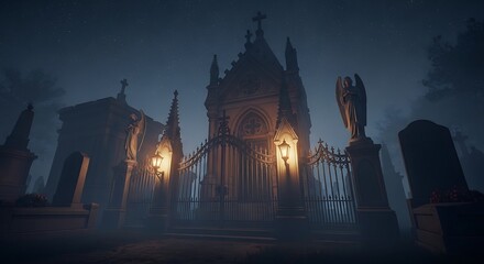Eerie Night at the Gothic Cemetery Gate A Dark and Mysterious 3D Render