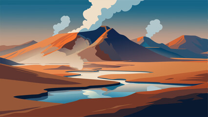 Fototapeta premium Stylized shore with rock formations and ocean view at sunset landscape illustration