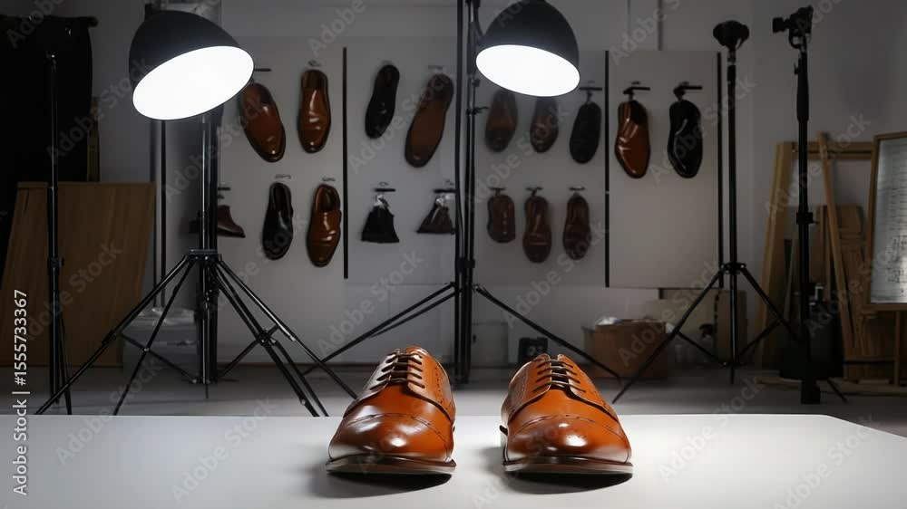 Poster a pair of brown shoes sitting on a table, available for use in various scenes and settings