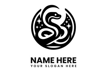Fototapeta premium Elegant black snake logo design, celestial background, circular frame.