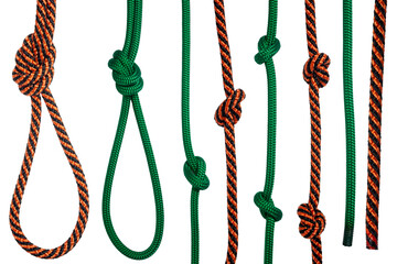 Isolated collection of bright mountaineering ropes on white background	