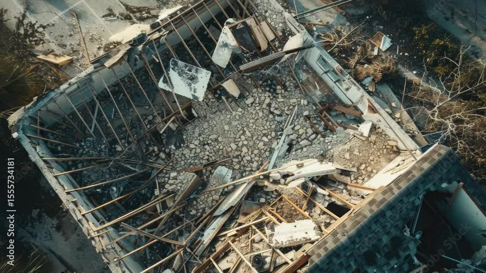 Poster demolition site with a building being torn down from above, useful for urban or construction themed 