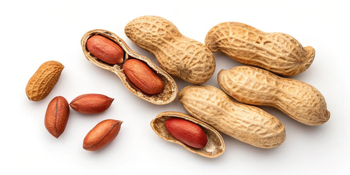 Ai generated image of a highangle view of peanuts in their shells and some shelled peanuts isolated on white background