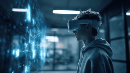 Young man wearing VR headset in dark room with glowing blue holographic data symbols floating for technology advertising, branding design concepts

