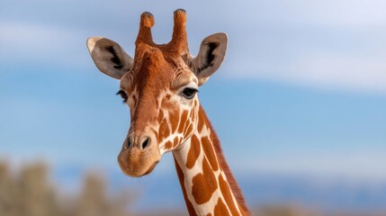 Obraz premium A close-up of a giraffe's head and neck against a blue sky, showcasing its distinctive pattern and expressive eyes.