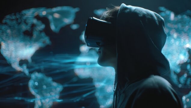 Young man wearing VR headset dark hoodie with holographic AI world map glowing data streams for technology advertising, branding design concepts

