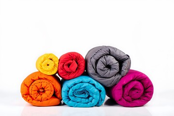 Rolled colorful sleeping bags isolated on white
