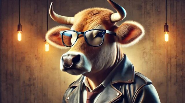 Cow with large horns, stylish glasses, and leather jacket showing serious, intelligent look.
