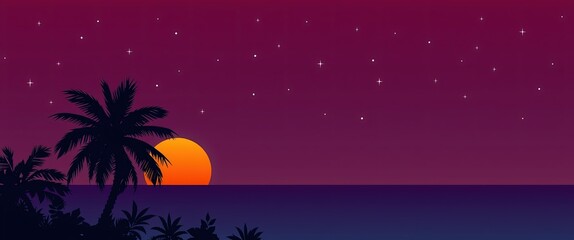 Tropical Sunset Landscape with Palm Trees and Ocean View