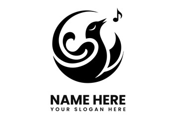 Stylized bird singing a note, set within a circular design element.