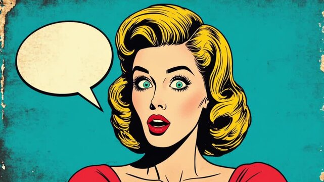 Surprised woman in retro pop art style with vintage makeup and hairstyle, comic book look.
