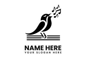 A stylized black bird sits on a branch, singing musical notes that float above its head.