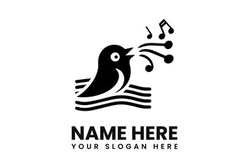 A stylized black bird singing musical notes, perched on wavy lines.