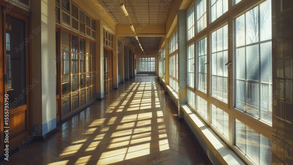Poster A long corridor with many windows and a bench for rest