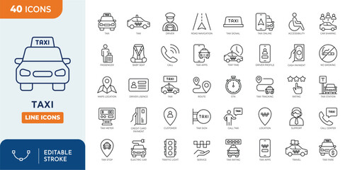 Taxi line editable icon set. Editable stroke. Vector illustration