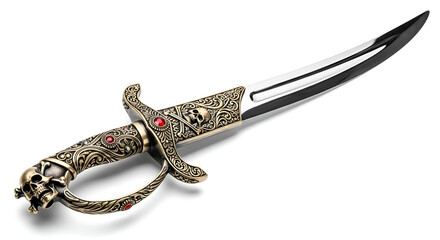 A pirate sword with ornate handle, displayed diagonally on white background
