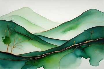 Serene Green Mountain Landscape Abstract Watercolor Art