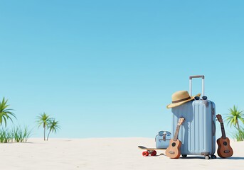 Perfect beach with suitcase, skateboard, and ukulele under bright blue sky