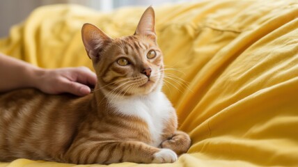 Relaxed orange tabby cat lounging on yellow blanket with owner's hand
