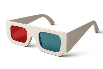 Stereoscopic 3d glasses with white frame, red and cyan lenses, positioned for enhanced visual depth perception on clean background