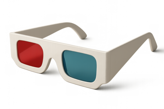 Stereoscopic 3d glasses with white frame, red and cyan lenses, positioned for enhanced visual depth perception on clean background