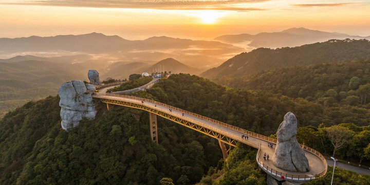 Aerial view Golden bridge at sunset in ba na hills two hands, Da nang Vietnam - Powered by Adobe