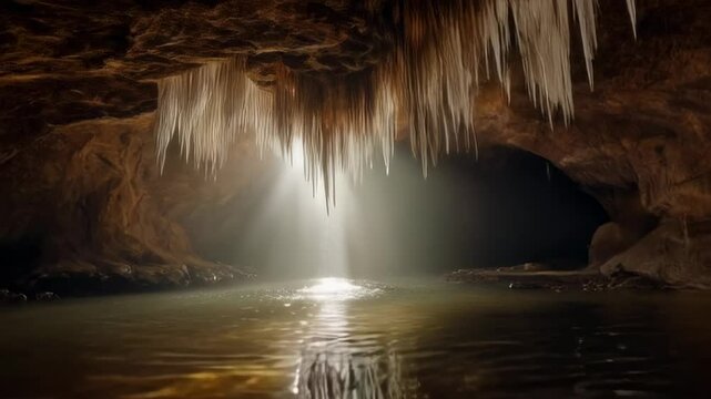 A Stunning Cave Scene with Stalactites Illuminated by a Single Ray of Light Reflecting Over Water