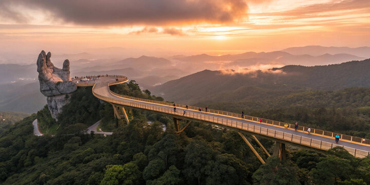 Aerial view Golden bridge at sunset in ba na hills two hands, Da nang Vietnam