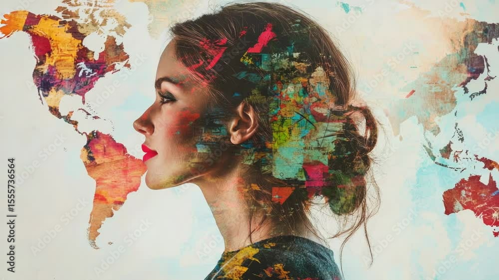 Poster a person with a map of the world woven into their hairstyle, perfect for use as a symbol of adventur
