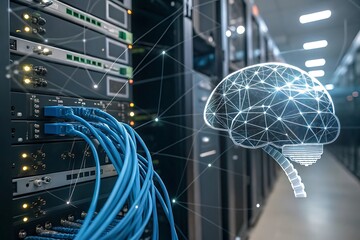 Ai and machine learning background with brain shaped wireframe