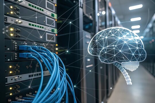 Ai and machine learning background with brain shaped wireframe