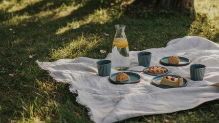 Fototapeta premium Outdoor picnic with desserts and lemonade on white blanket in sunny garden