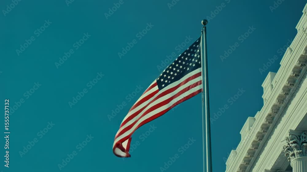Poster an american flag flying in front of a modern building
