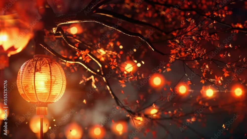 Poster A single red lantern hangs from a tree branch in a quiet, serene environment