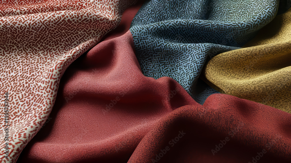 Poster Textured fabrics display vibrant colors and intricate patterns. Rich textiles create a luxurious abstract background.