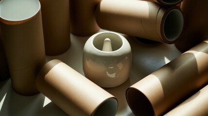 White ceramic teapot among brown cardboard tubes in sunlight