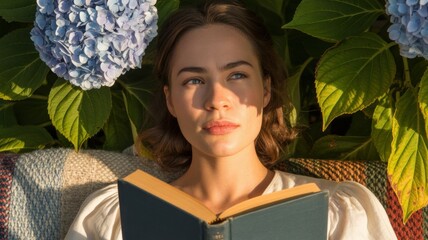 Young caucasian female reading book in sunlit garden with blue hydrangeas