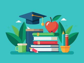 Colorful Illustration of Academic Success with Books Graduation Cap Apple and Stationery on a Teal Background