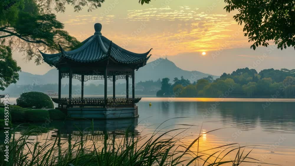 Poster a serene scene with a gazebo situated on the shore of a lake, flanked by a lush and vibrant forest