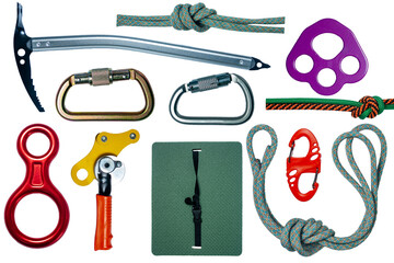 Isolated collection of outdoor climbing equipment: carabiners, eight, rope, ice ax, block roller,...