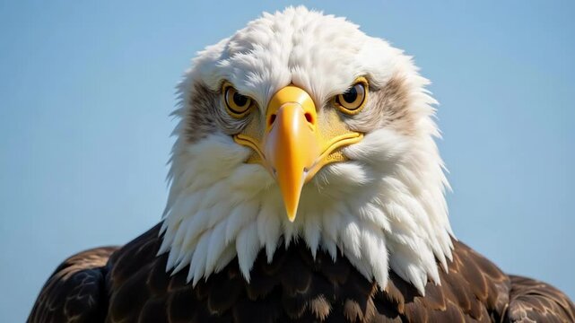 Majestic bald eagle showcases its striking white head feathers, powerful yellow beak, and piercing dark eyes illuminated by natural sunlight.