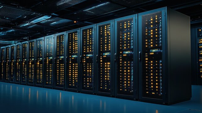 Server racks in a dark data center - Powered by Adobe