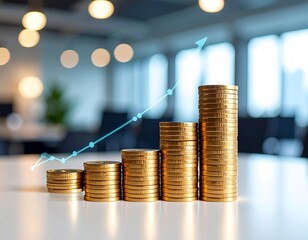 Capture growth with stacked coins and upward trend in a sleek blurred office backdrop. Ideal for finance presentations.  
