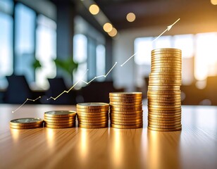 Rise to success—gold coins and growing graph in a soft-focus office. Perfect for financial themes and business concepts.  