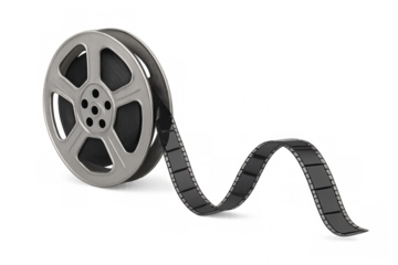 Metal film reel unwinding with a transparent background, perfect for video editing or cinema-related projects