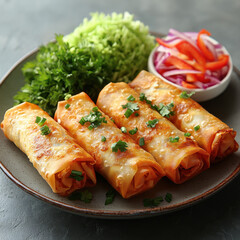 Fried Chinese Traditional Spring rolls food in ceramic plate (beautiful shape)